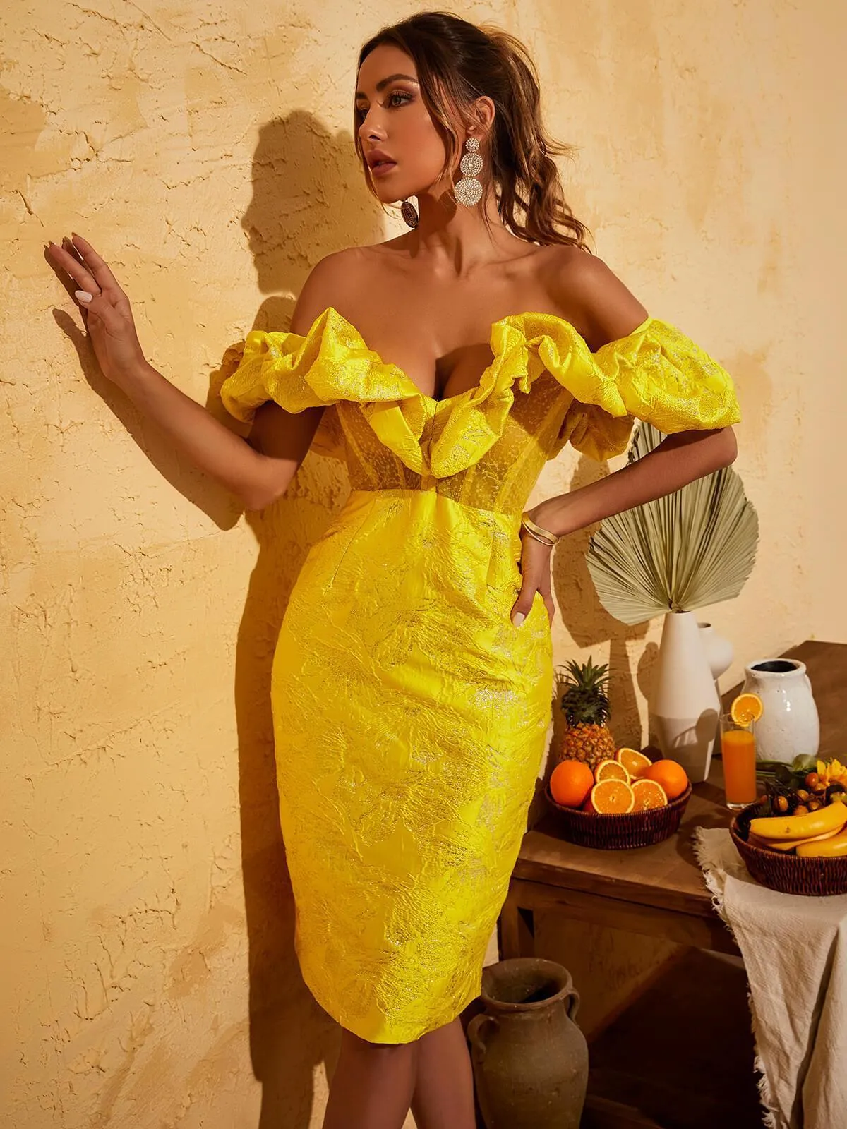 Giselle Jacquard Off Shoulder Midi Dress In Yellow sold by Mew Mews product image thumbnail 3