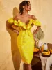Giselle Jacquard Off Shoulder Midi Dress In Yellow sold by Mew Mews