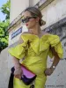 Giselle Jacquard Off Shoulder Midi Dress In Yellow sold by Mew Mews