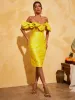 Giselle Jacquard Off Shoulder Midi Dress In Yellow sold by Mew Mews