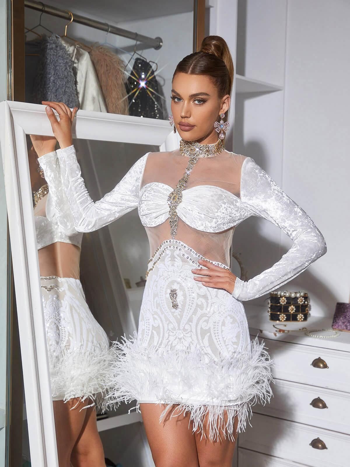 Eliza Long Sleeve Embellished Feather Mini Dress sold by Mew Mews