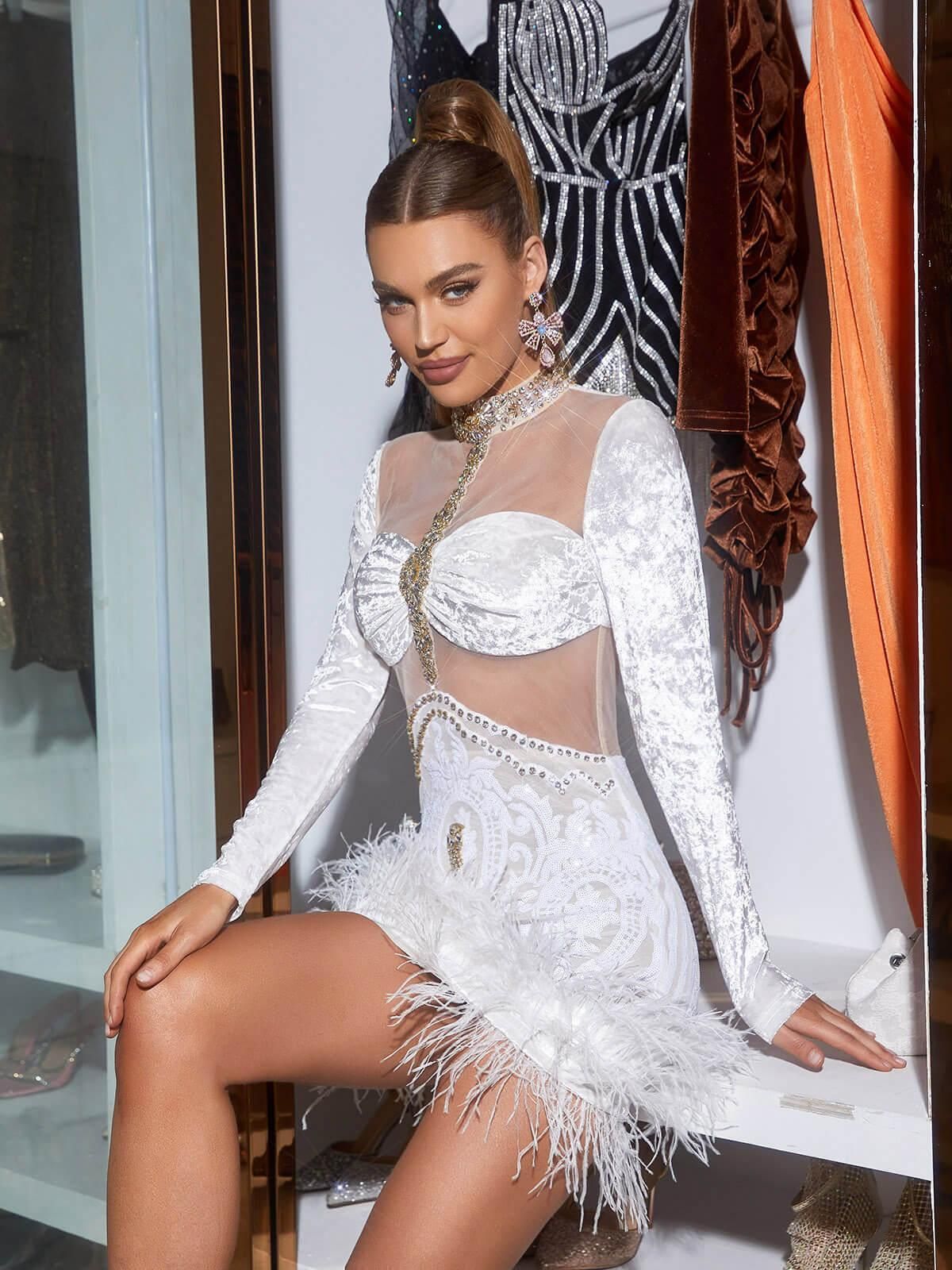 Eliza Long Sleeve Embellished Feather Mini Dress sold by Mew Mews product image thumbnail 2