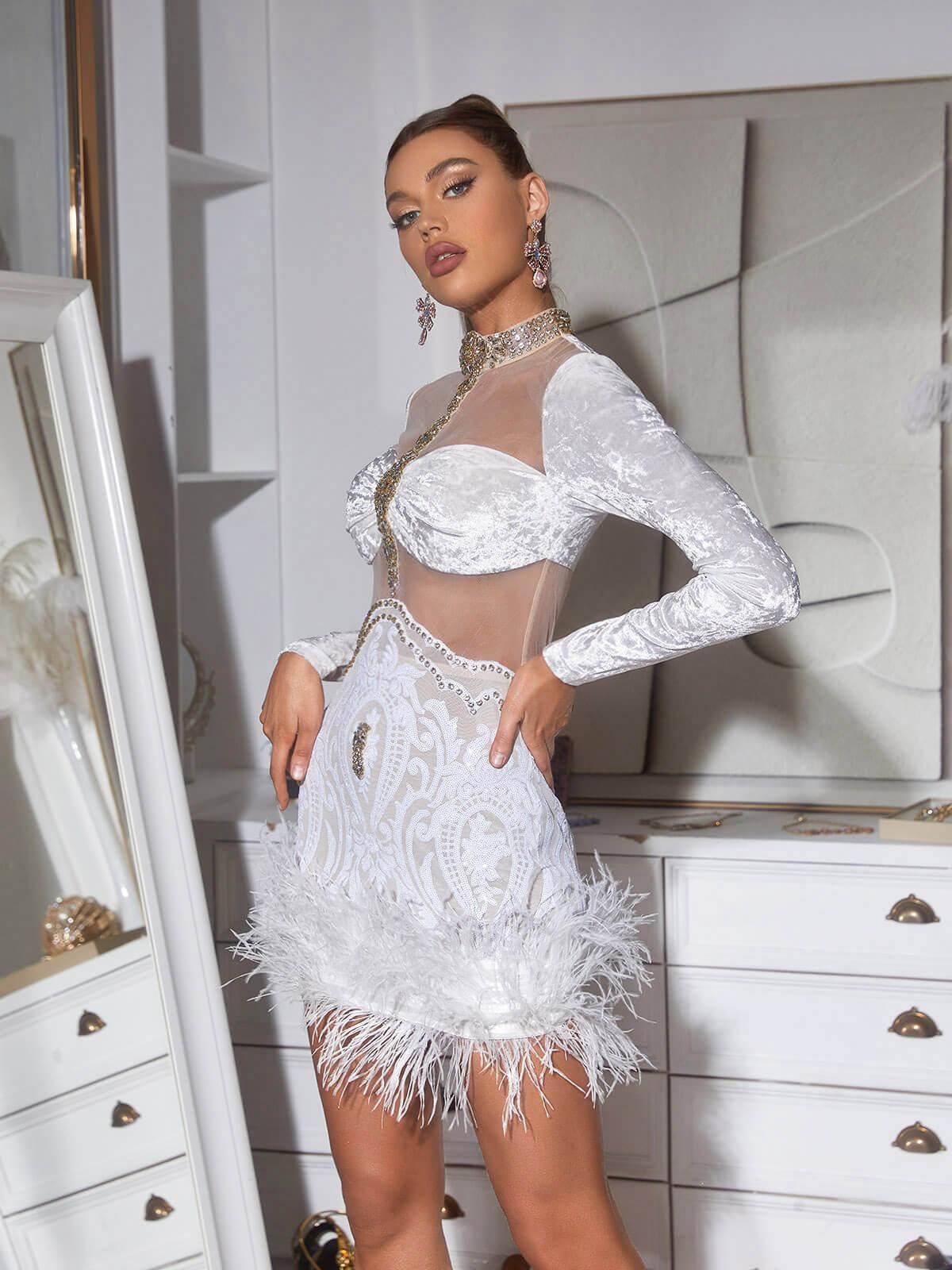 Eliza Long Sleeve Embellished Feather Mini Dress sold by Mew Mews product image thumbnail 5