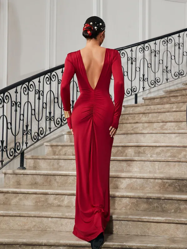 Ofir V Neck Ruched Maxi Dress In Wine sold by Mew Mews