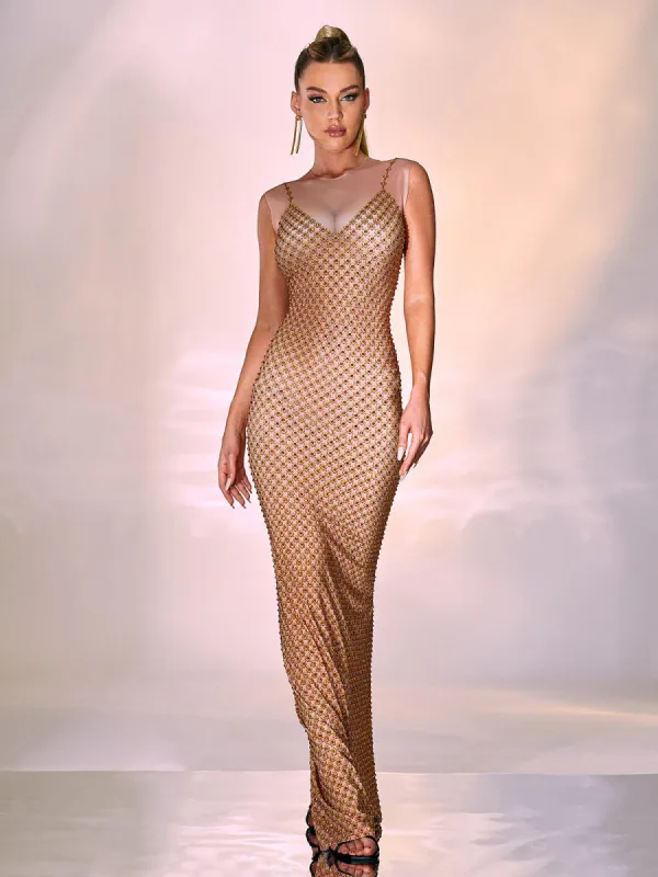 Aminah Crystal Printed Mesh Maxi Dress sold by Mew Mews