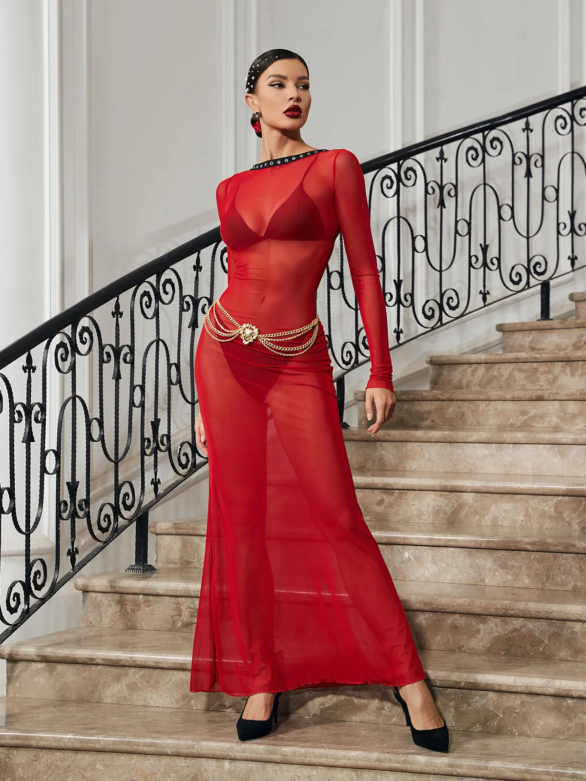 Allura Lace Up Maxi Mesh Dress sold by Mew Mews