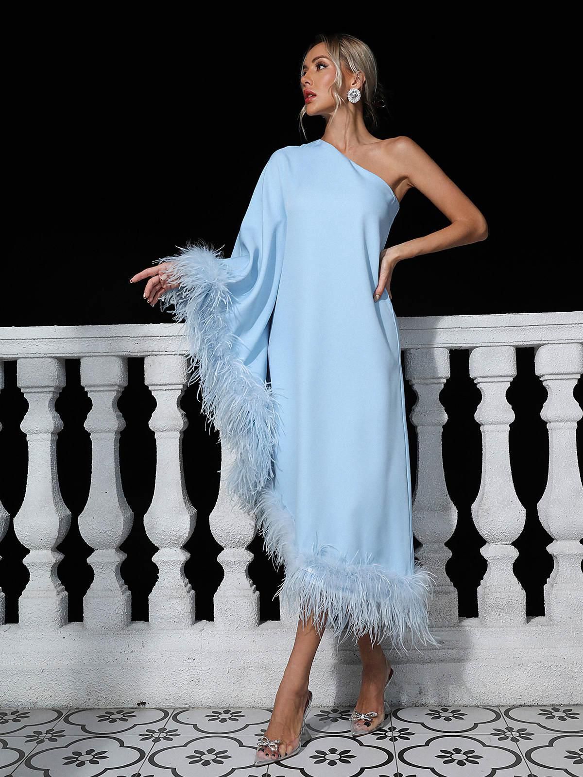 Ceridwen One Shoulder Feather Trimmed Maxi Dress In Blue sold by Mew Mews product image thumbnail 3
