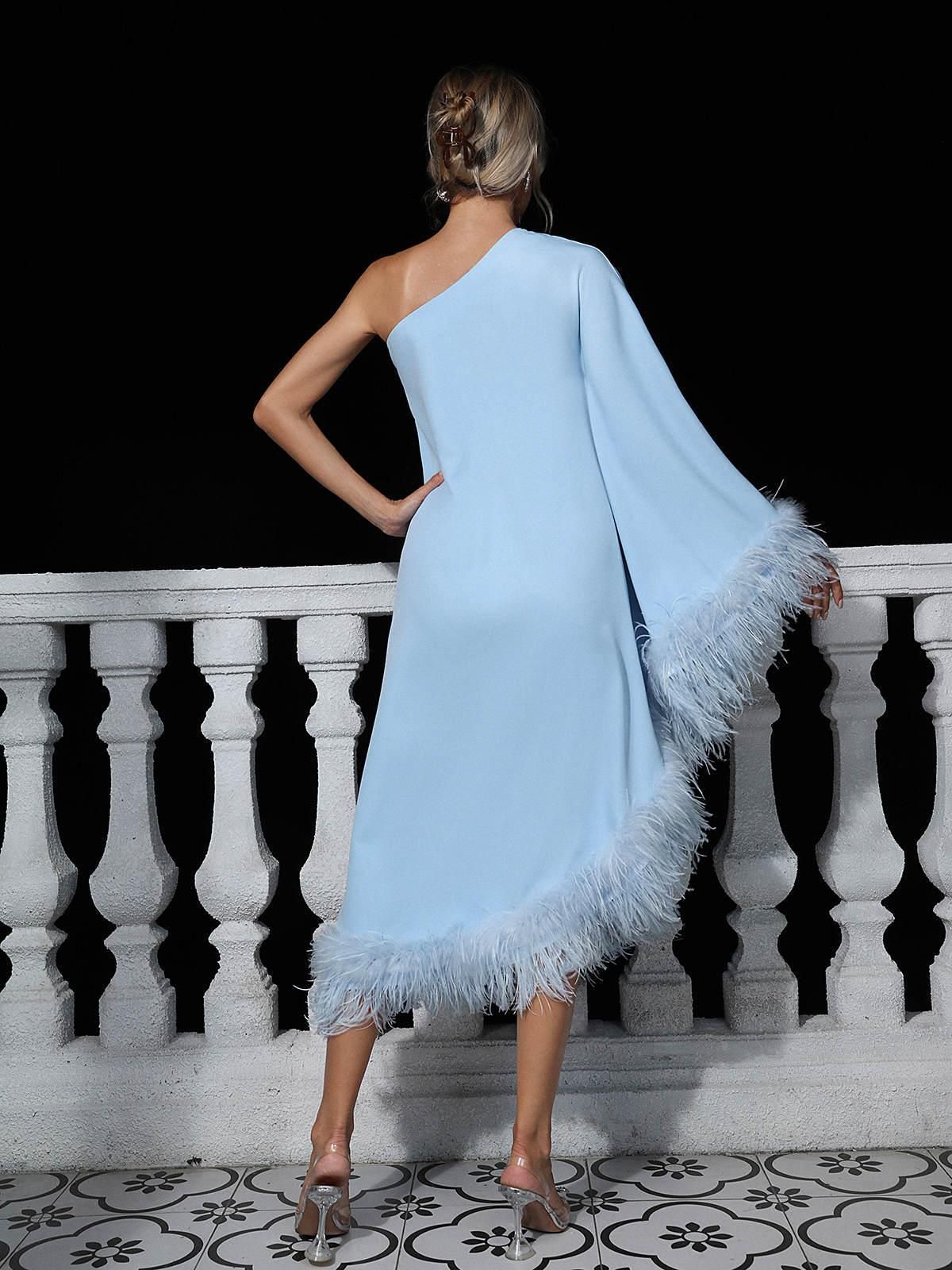 Ceridwen One Shoulder Feather Trimmed Maxi Dress In Blue sold by Mew Mews product image thumbnail 6