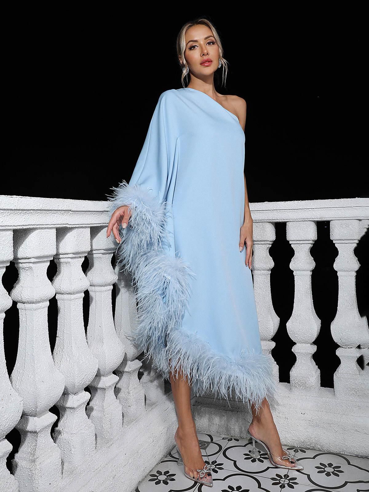 Ceridwen One Shoulder Feather Trimmed Maxi Dress In Blue sold by Mew Mews product image thumbnail 2