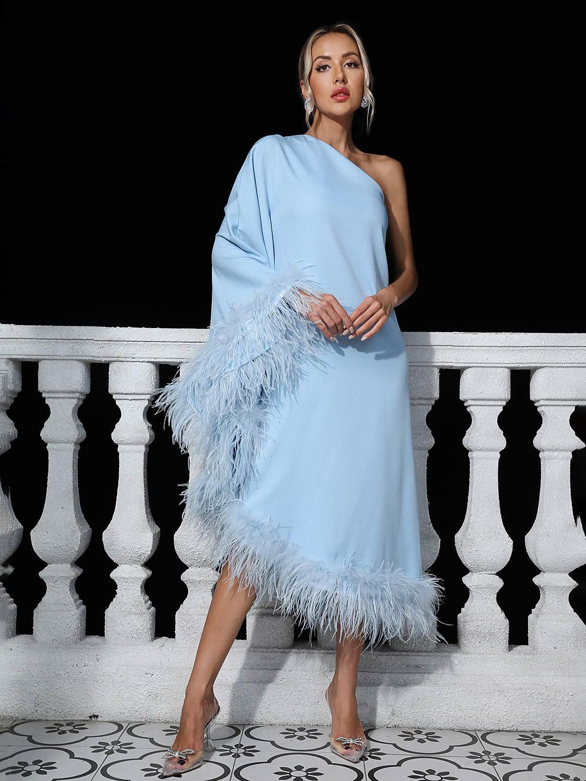 Ceridwen One Shoulder Feather Trimmed Maxi Dress In Blue sold by Mew Mews
