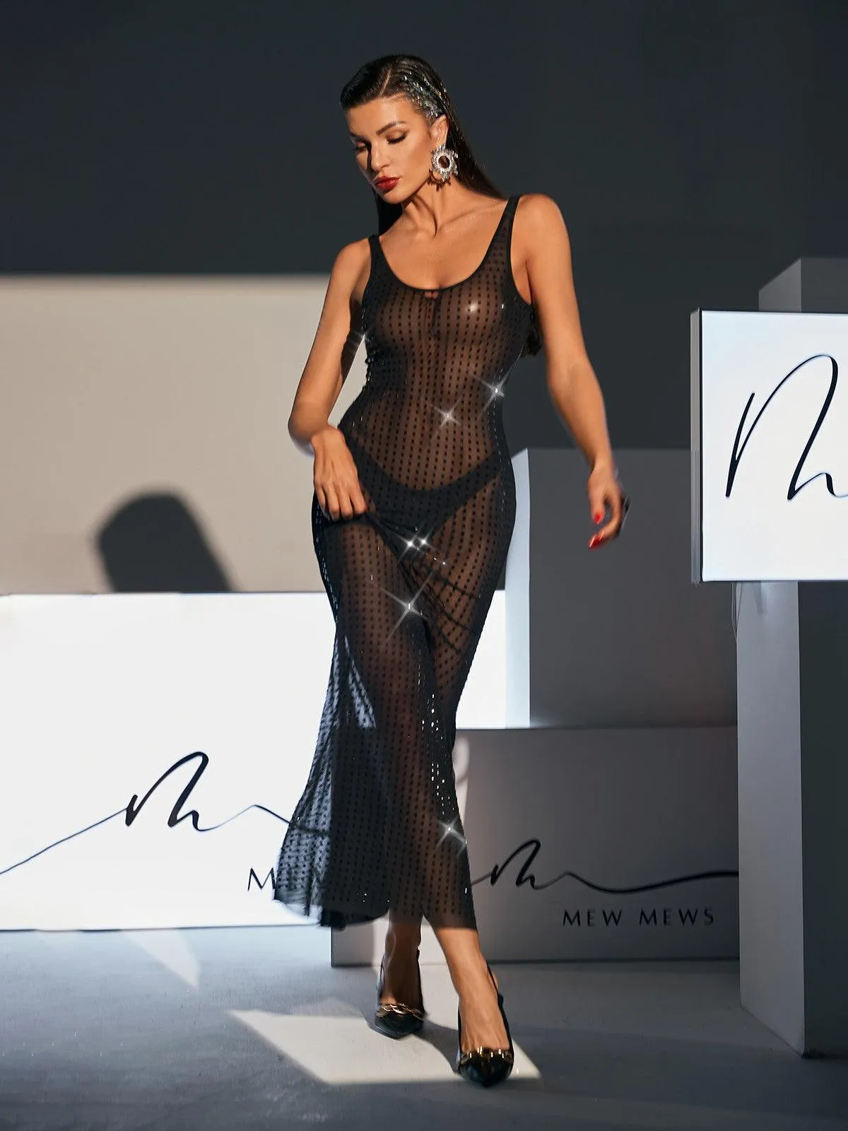 Karter Backless Embellished Mesh Maxi Dress In Black sold by Mew Mews product image thumbnail 4