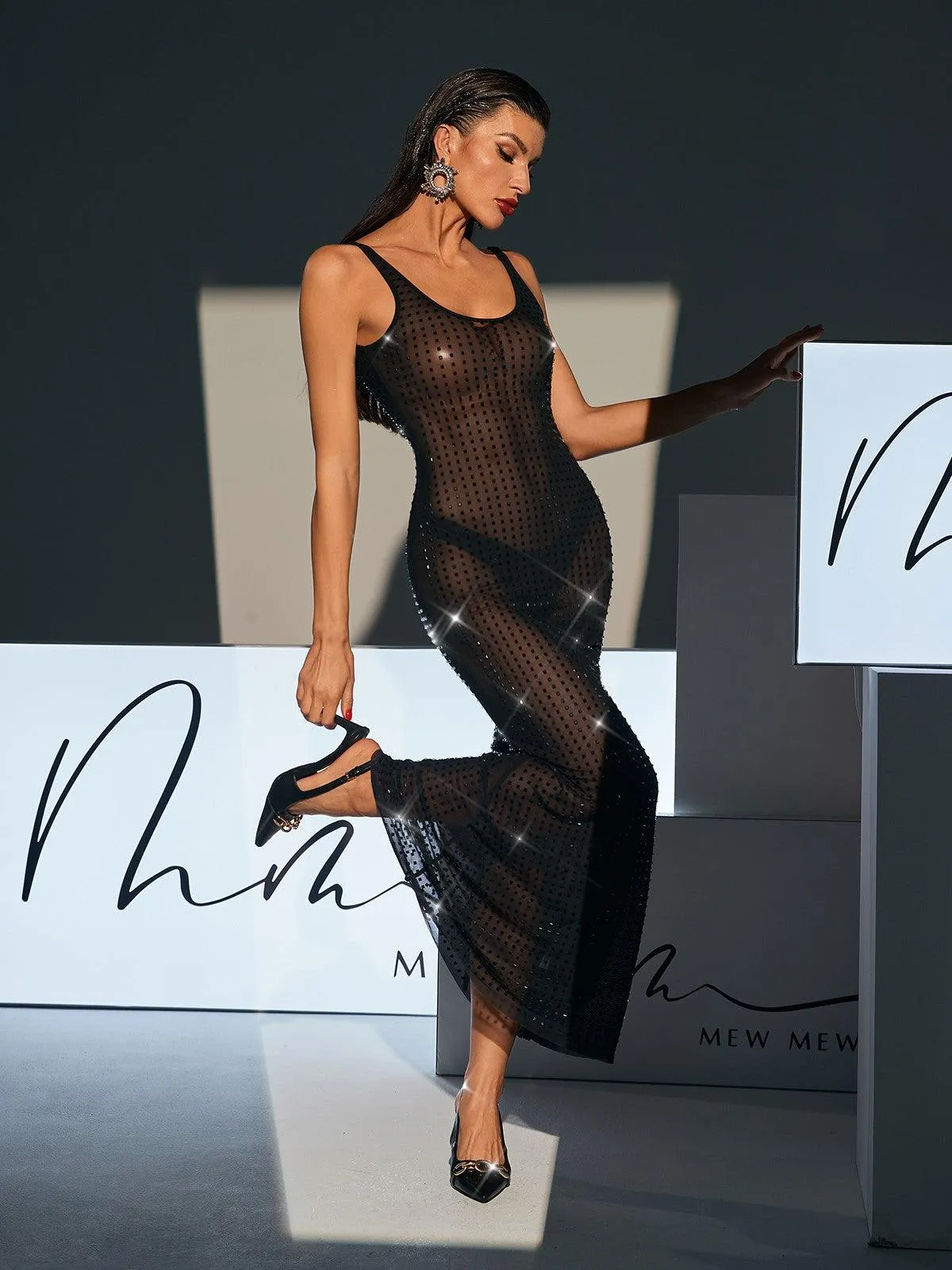 Karter Backless Embellished Mesh Maxi Dress In Black sold by Mew Mews product image thumbnail 3