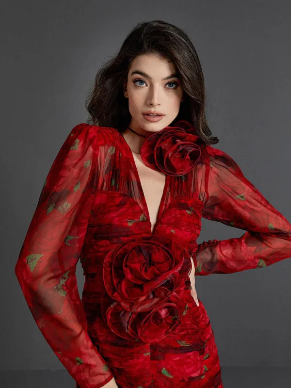 Zeynep V Neck Rose Printed Mini Dress made by Mew Mews