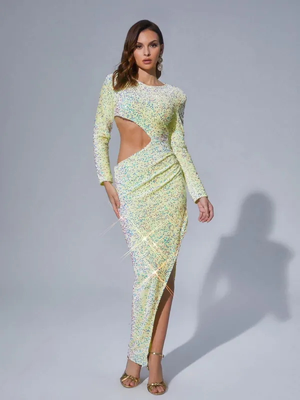 Winona Long Sleeve Cutout Asymmetric Maxi Dress sold by Mew Mews