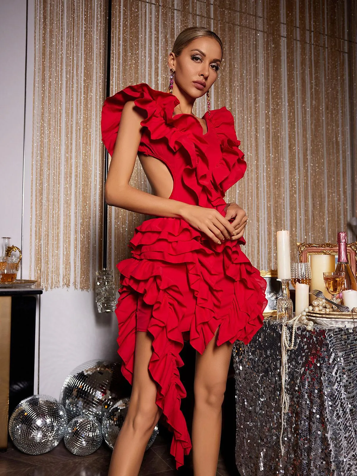 Margie Cutout Ruffle Tiered Dress In Red sold by Mew Mews product image thumbnail 3