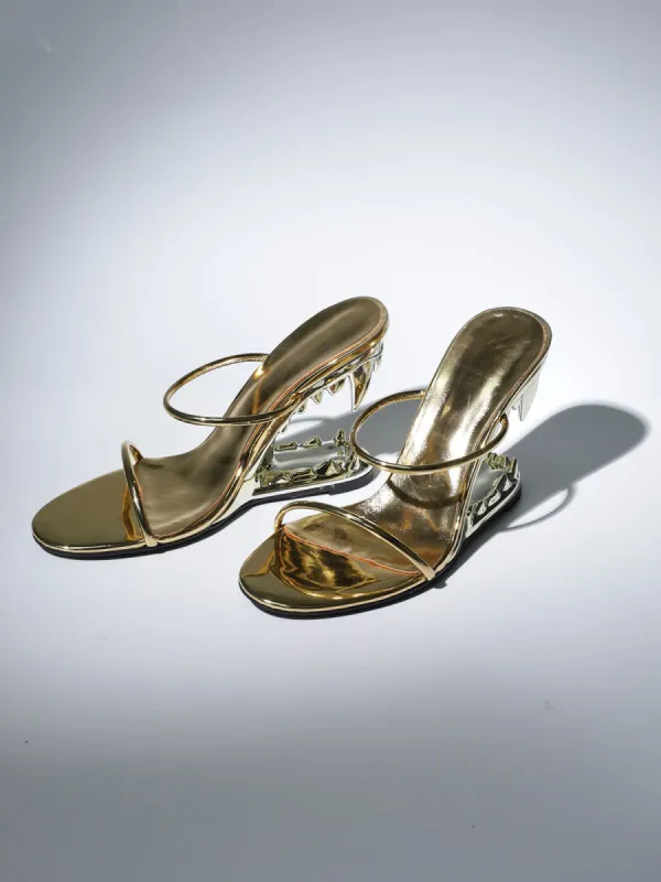 Gale Tiger Tooth Cutout Heels In Gold made by Mew Mews