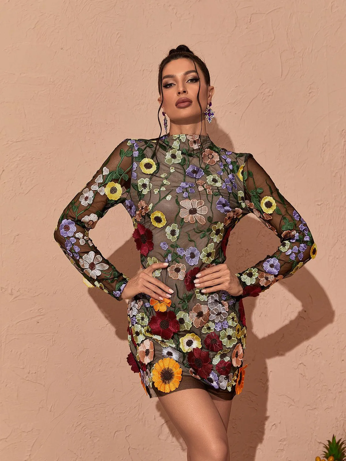 Saige Long Sleeve Mesh Flower Mini Dress In Black sold by Mew Mews product image thumbnail 4