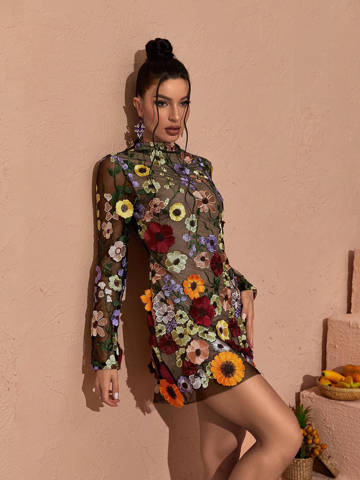 Saige Long Sleeve Mesh Flower Mini Dress In Black sold by Mew Mews product image thumbnail 3