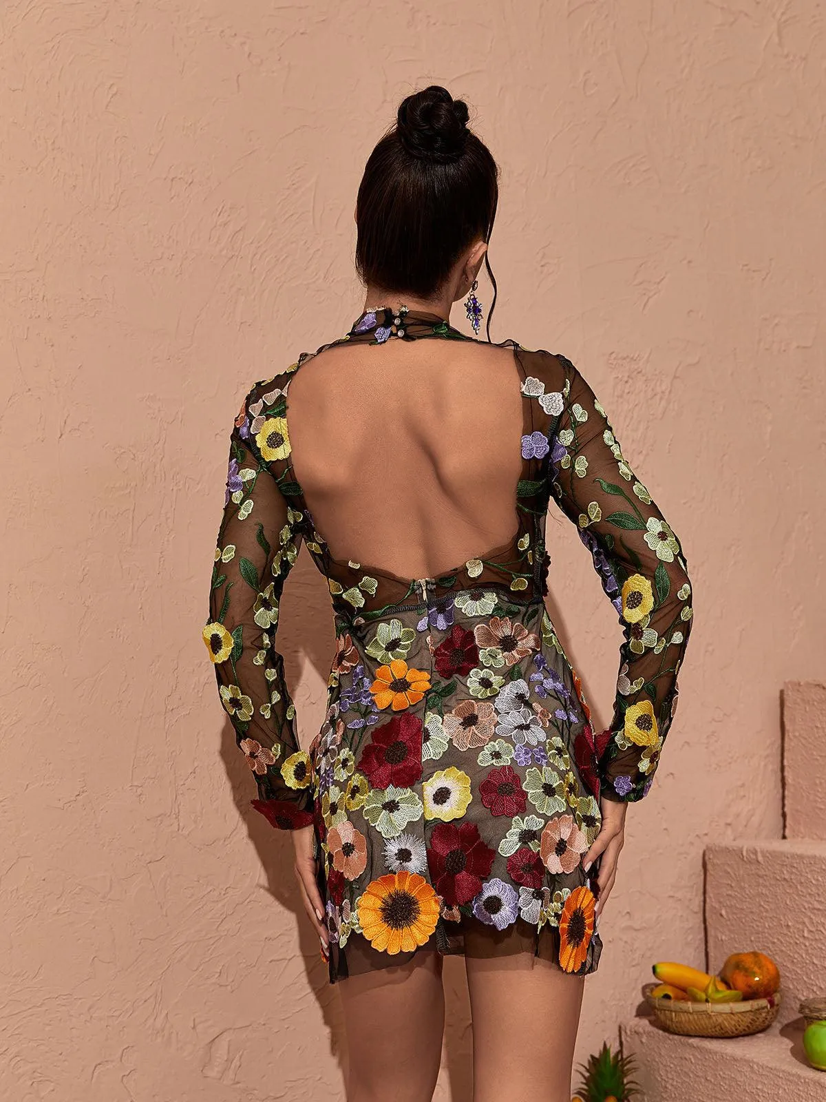 Saige Long Sleeve Mesh Flower Mini Dress In Black sold by Mew Mews product image thumbnail 2