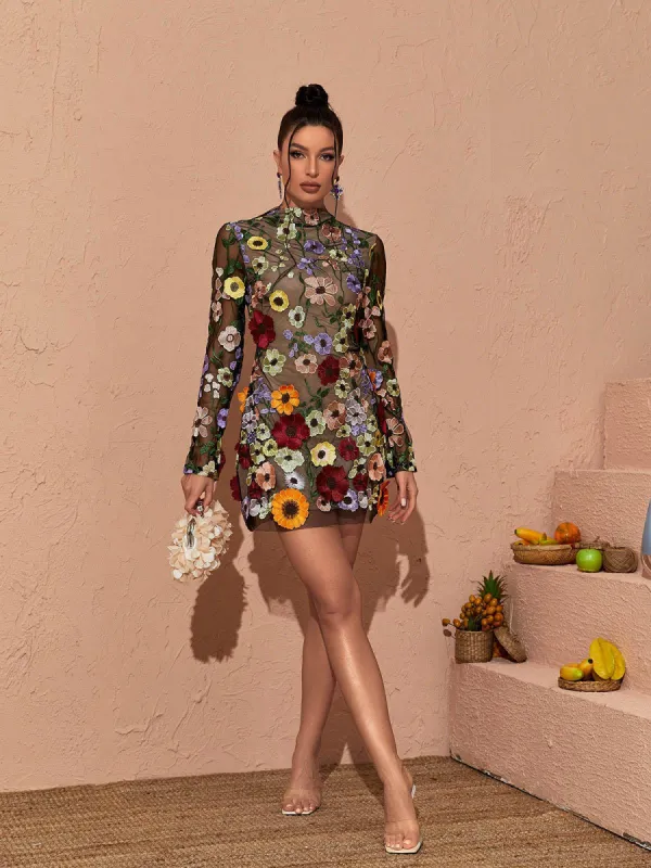 Saige Long Sleeve Mesh Flower Mini Dress In Black sold by Mew Mews