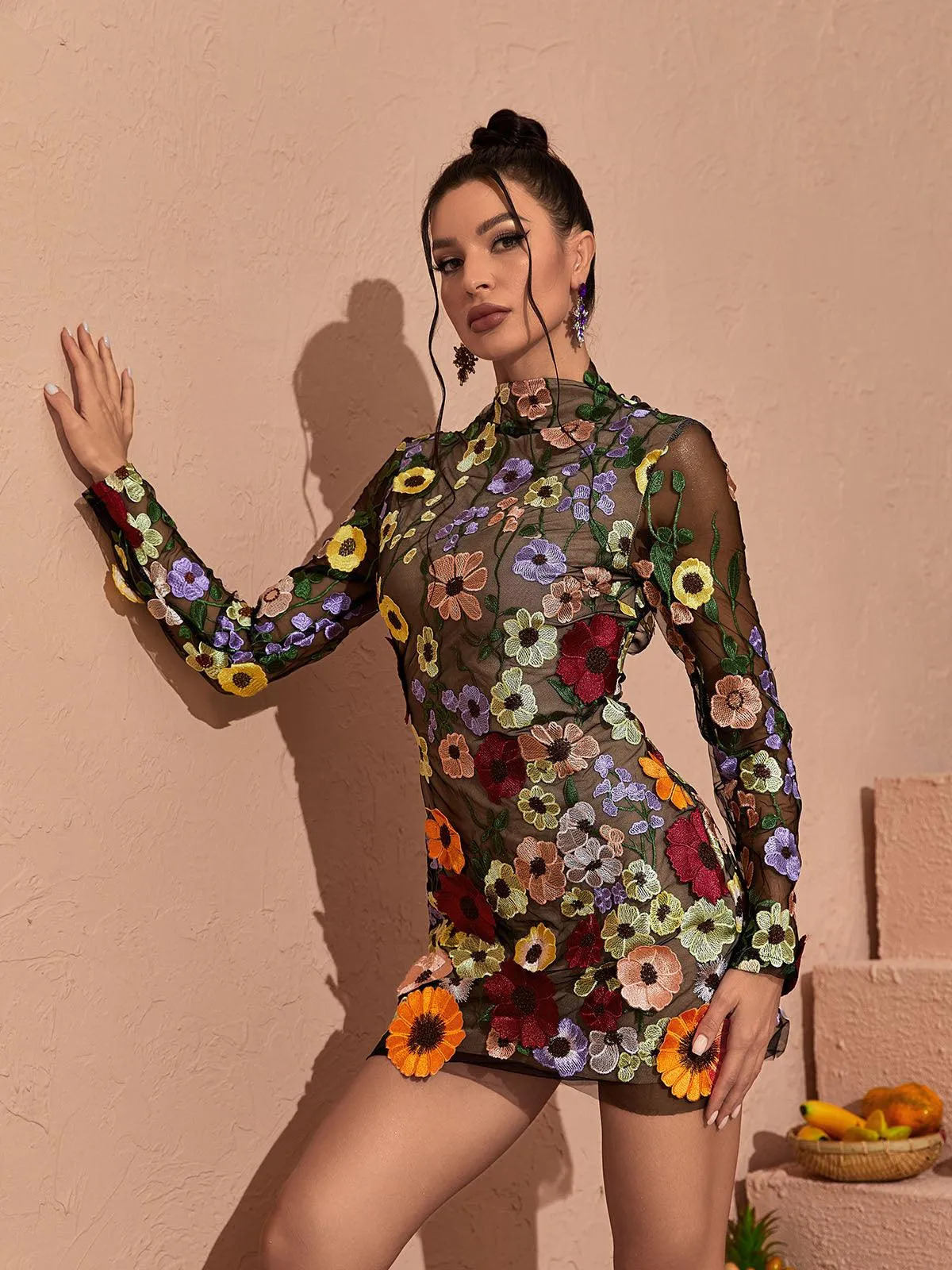 Saige Long Sleeve Mesh Flower Mini Dress In Black sold by Mew Mews product image thumbnail 5