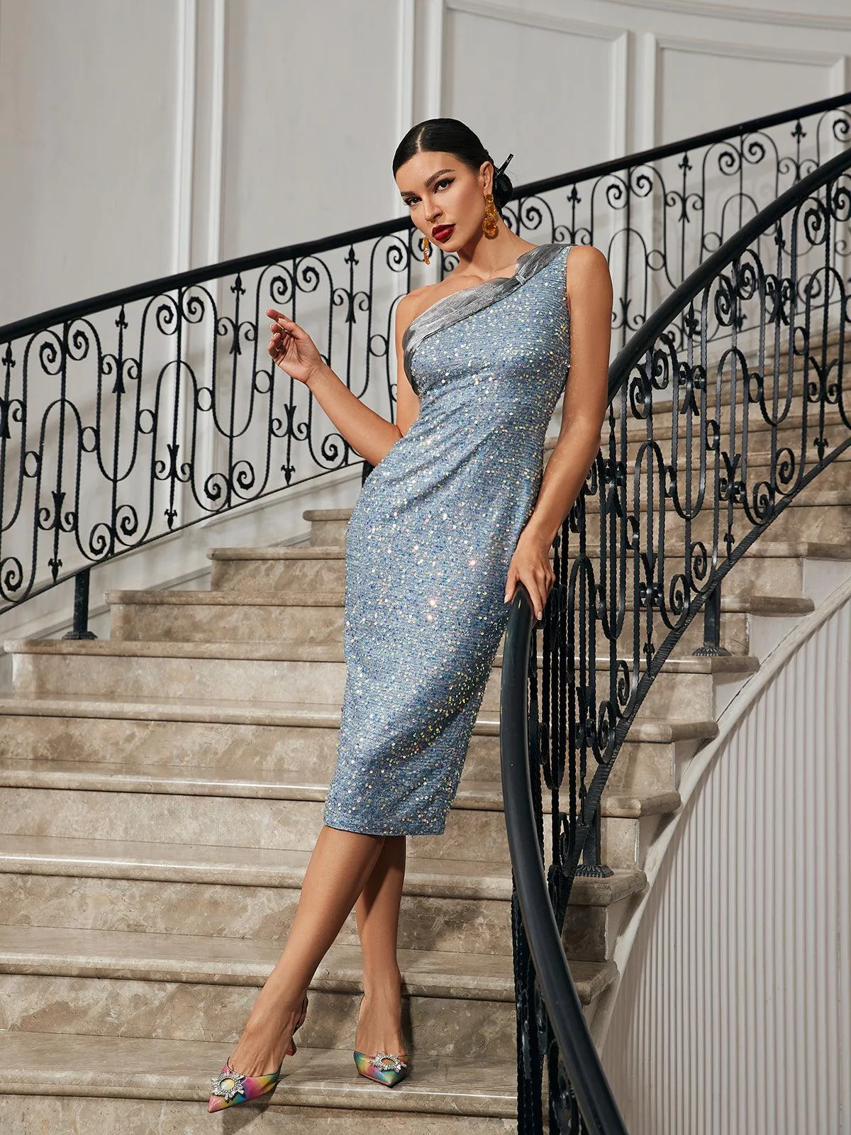 Niani One Shoulder Sequin Midi Dress sold by Mew Mews