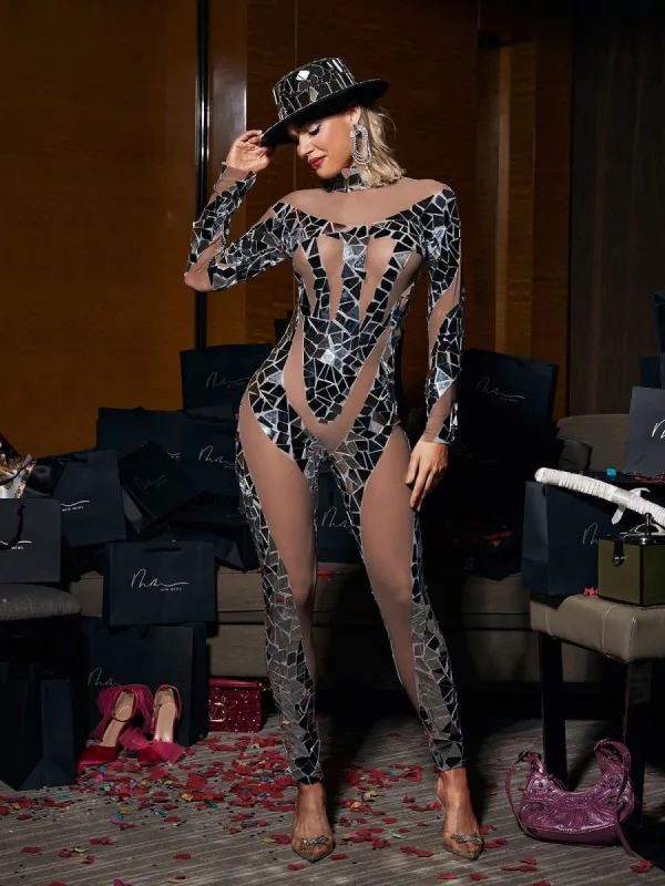 Clayton Long Sleeve Acrylic Embellished Mesh Jumpsuit sold by Mew Mews