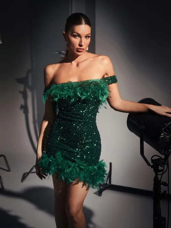 Amaris Off Shoulder Sequin Feather Mini Dress In Green sold by Mew Mews