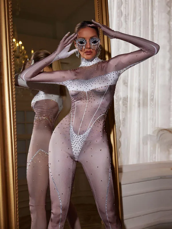 Sascha Rhinestone Body Printed Gloves Jumpsuit sold by Mew Mews