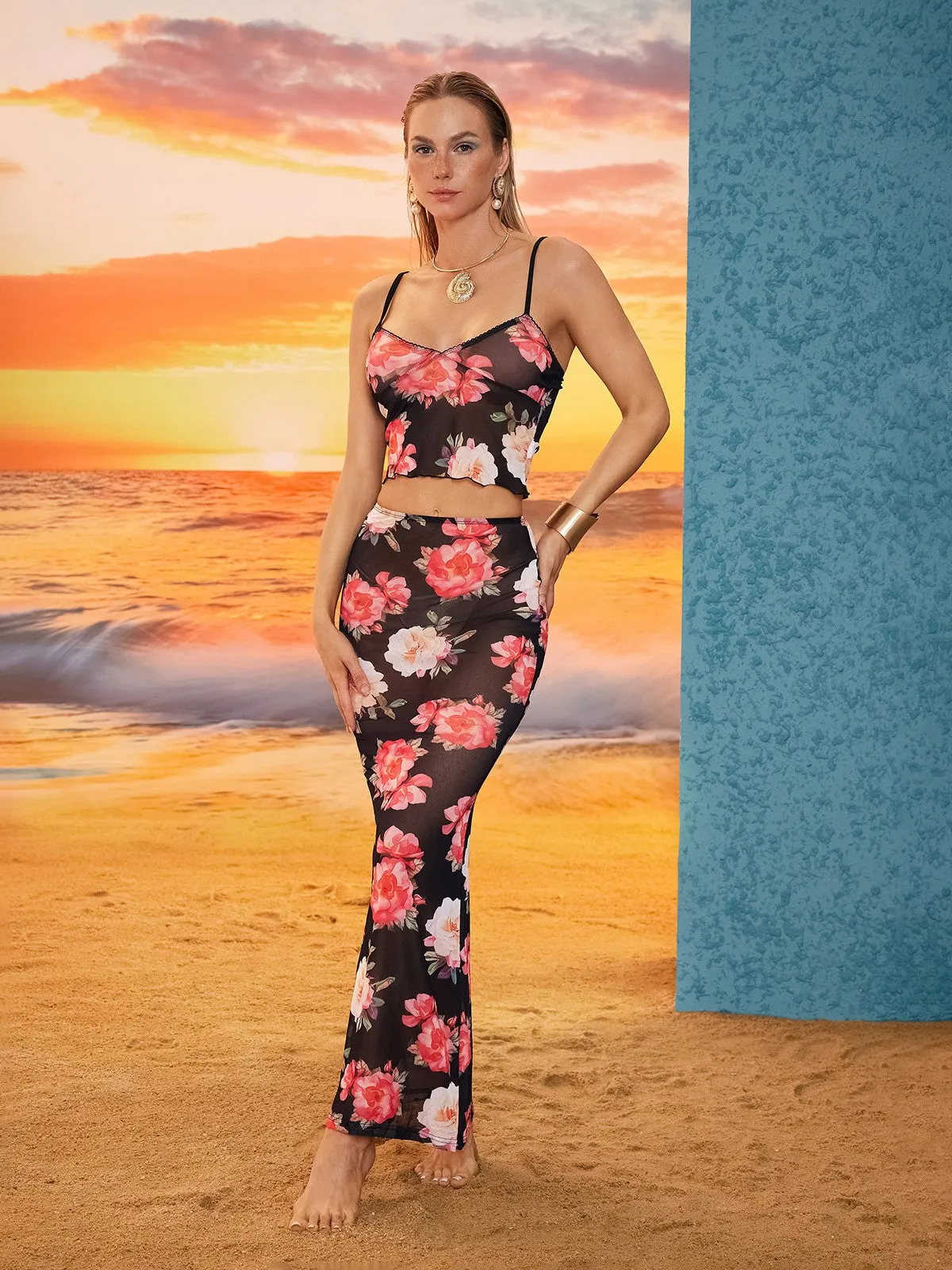 Brando Floral Printed Mesh Skirt Set sold by Mew Mews product image thumbnail 4