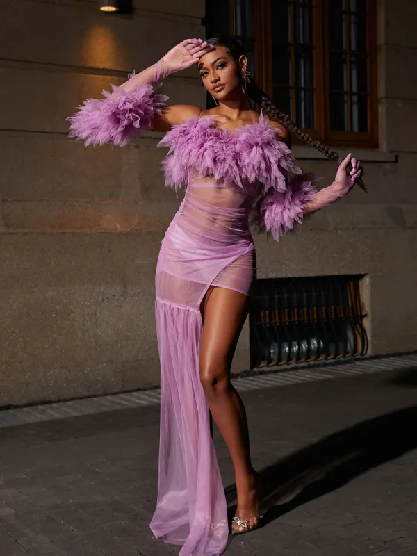 Satine Spaghetti Tulle Maxi Dress With Gloves In Lilac sold by Mew Mews