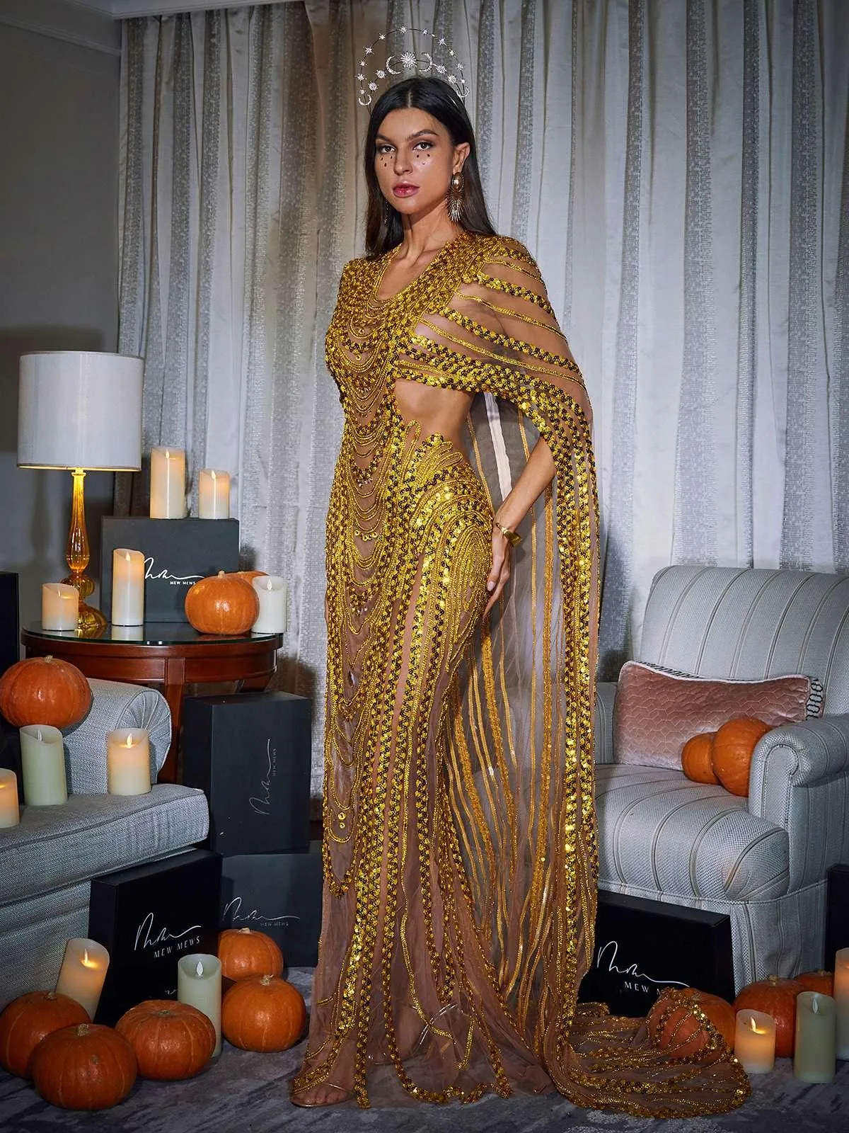 Chana Sequin Crystal Mesh Maxi Dress sold by Mew Mews product image thumbnail 4