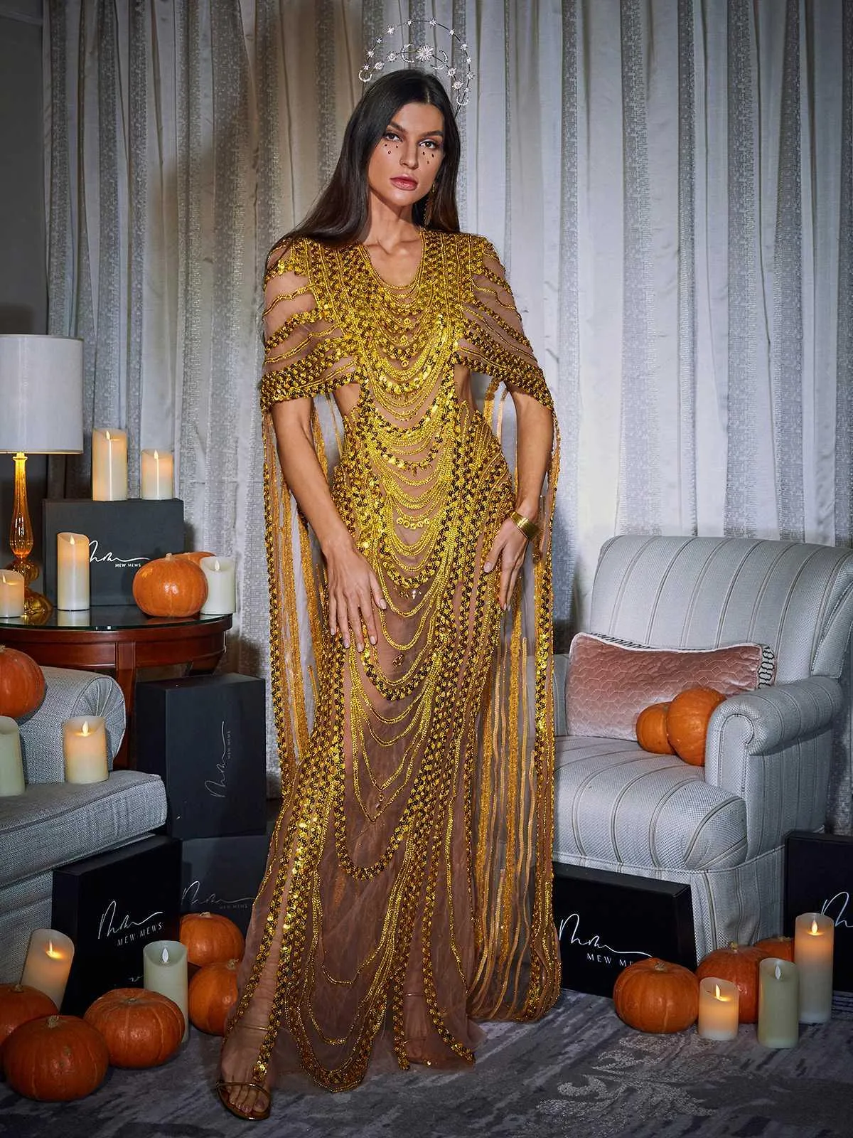 Chana Sequin Crystal Mesh Maxi Dress sold by Mew Mews