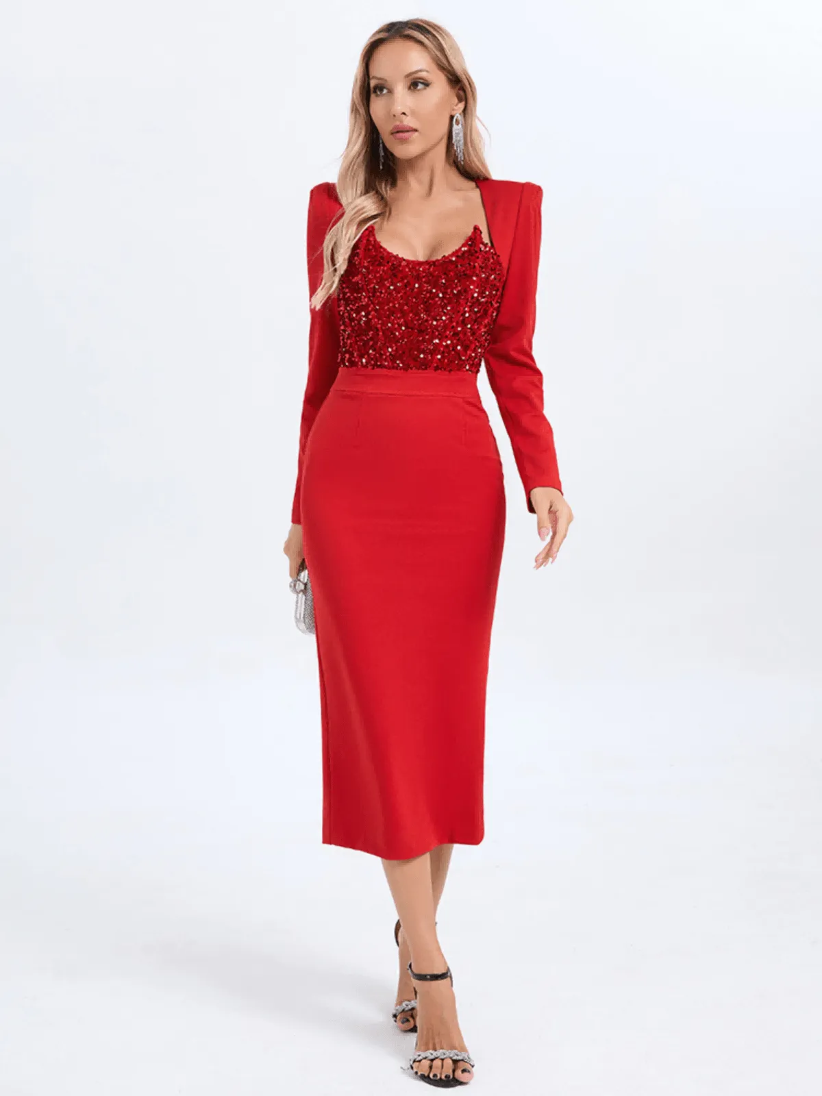 Sweetie Long Sleeve Sequin Midi Dress In Red sold by Mew Mews