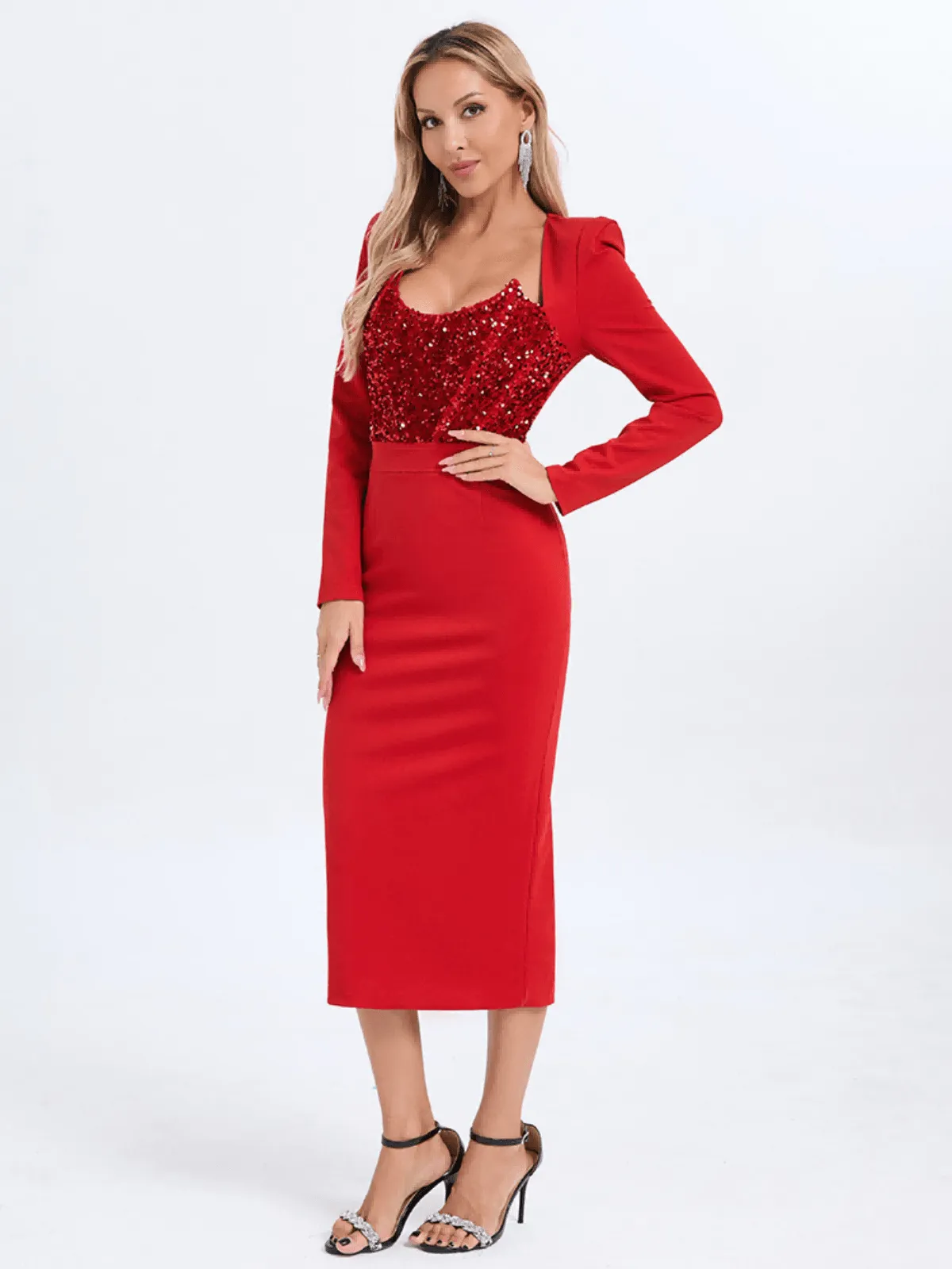 Sweetie Long Sleeve Sequin Midi Dress In Red sold by Mew Mews product image thumbnail 5