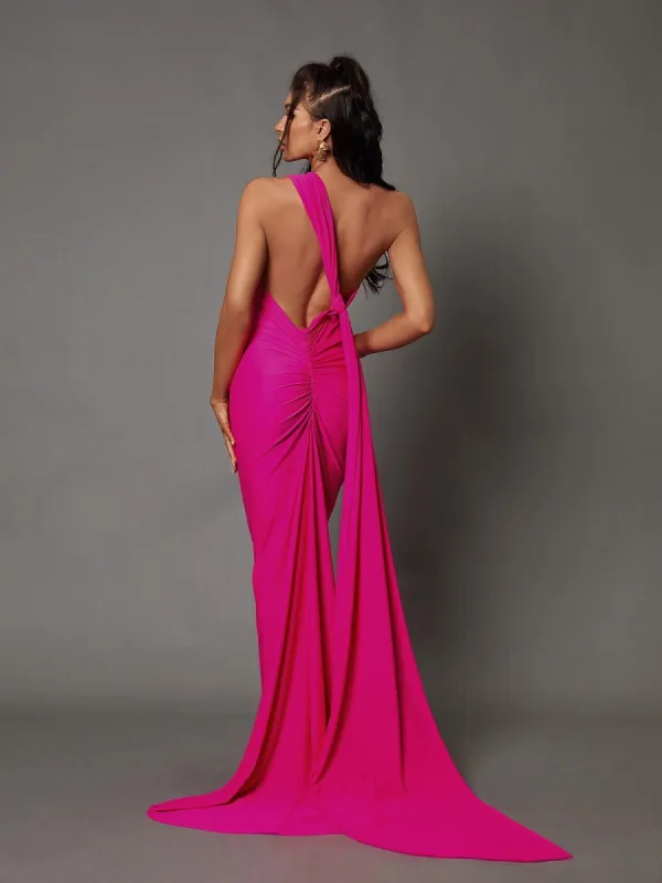 Jade Backless Maxi Dress In Hot Pink sold by Mew Mews