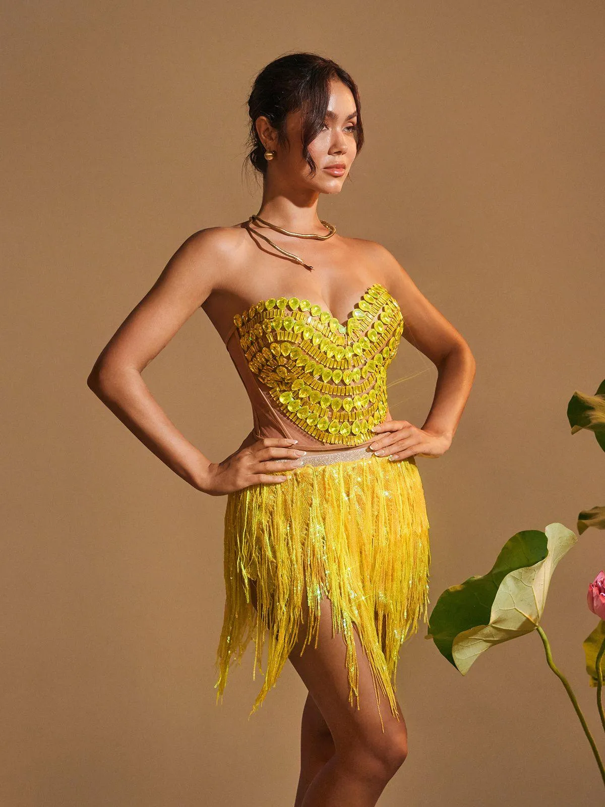 Yvaine Rhinestone Corset Glitter Fringe Skirt Set sold by Mew Mews product image thumbnail 4