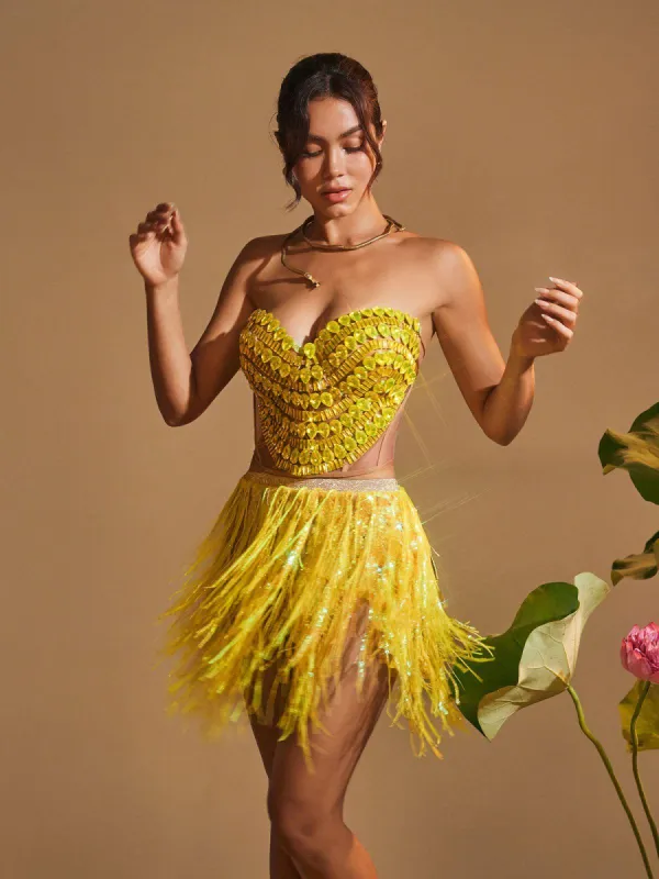 Yvaine Rhinestone Corset Glitter Fringe Skirt Set sold by Mew Mews