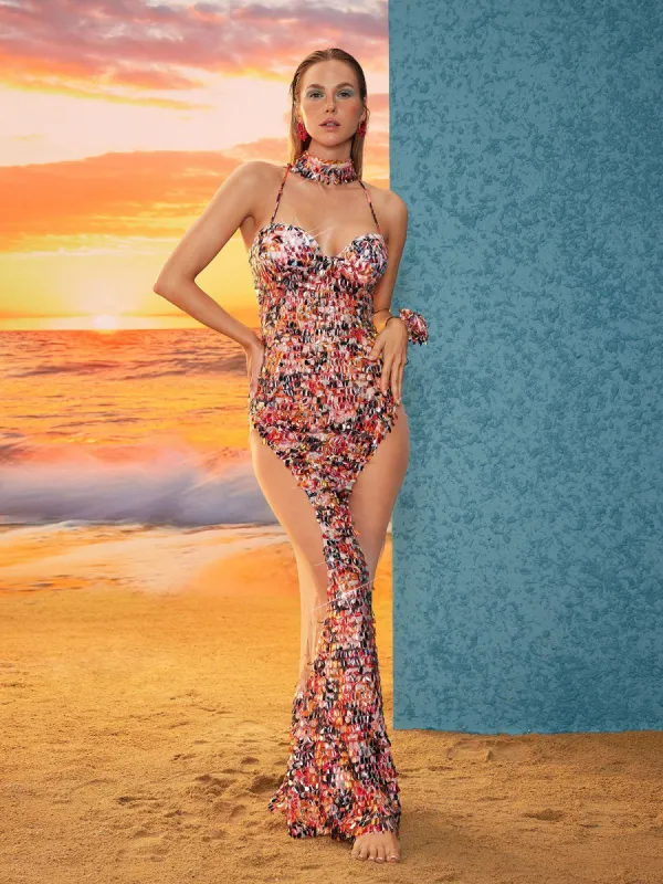 Seiji Spaghetti Sequin Mesh Maxi Dress sold by Mew Mews