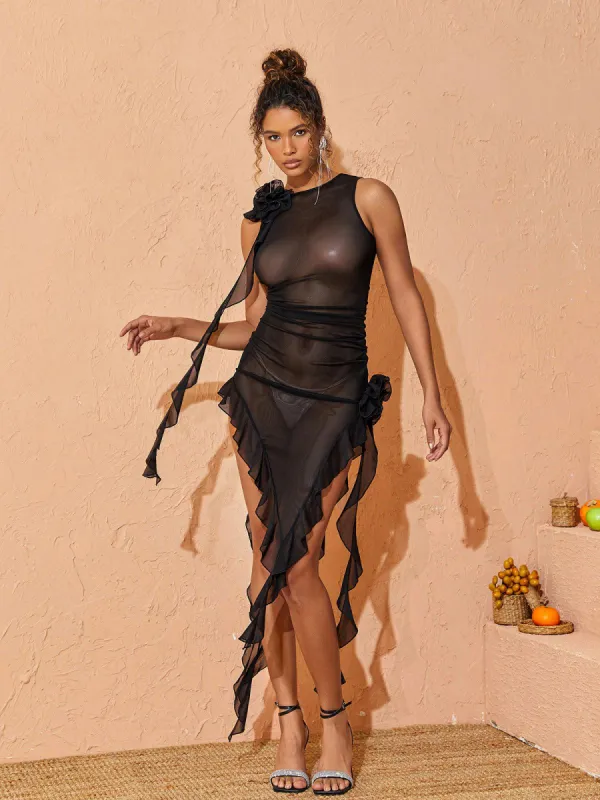 Norine Mesh Flower Midi Dress In Black sold by Mew Mews