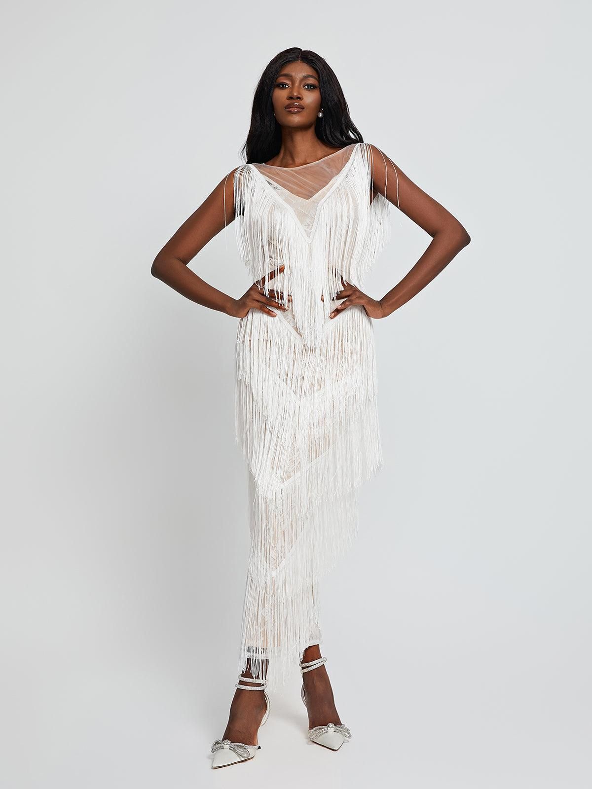 Behati V Neck Fringe Maxi Dress sold by Mew Mews