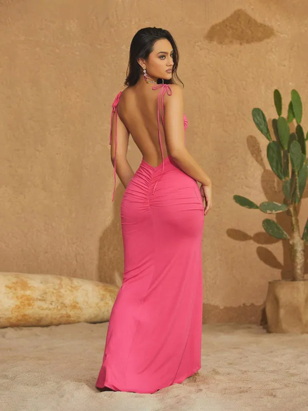 Agatha Backless Ruched Maxi Dress In Pink sold by Mew Mews