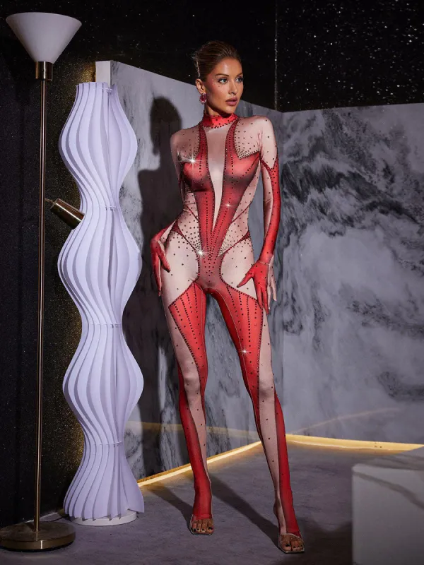 Pera Body Printed Rhinestone Gloves Jumpsuit In Red sold by Mew Mews