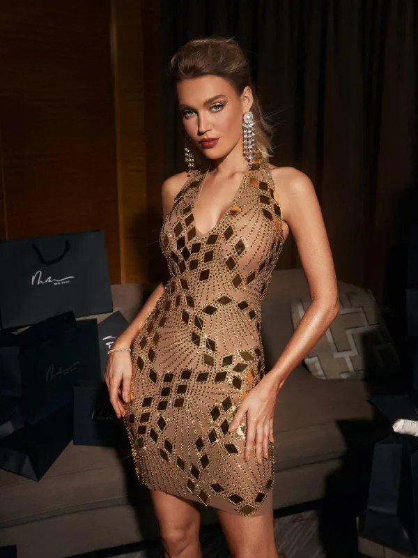 Anjali Halterneck Backless Embellished Mesh Dress sold by Mew Mews