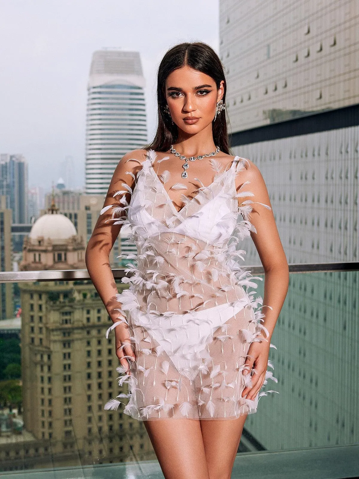 Whelan Spaghetti Feather Mesh Mini Dress sold by Mew Mews product image thumbnail 3