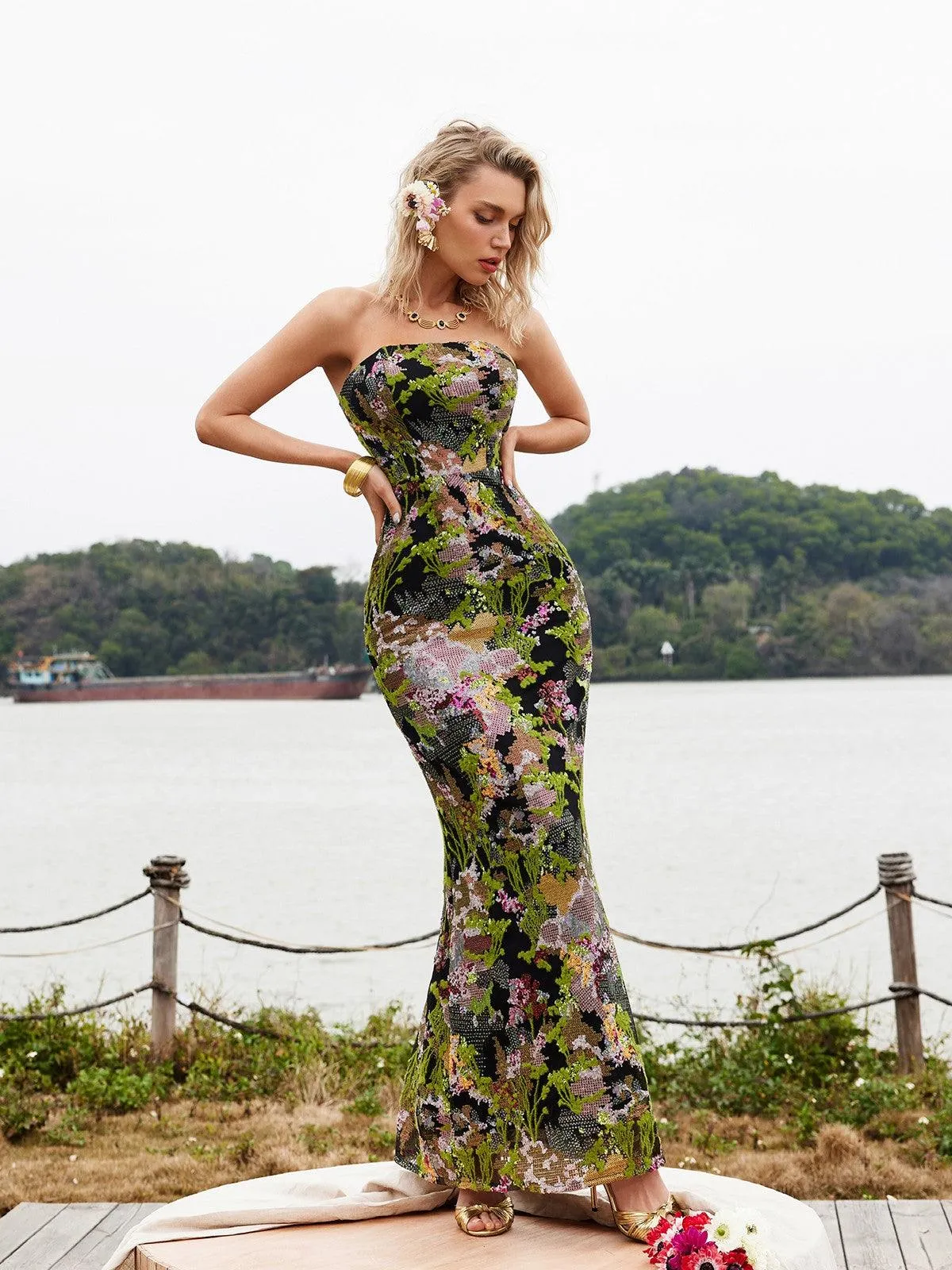 Asa Strapless Floral Sequin Maxi Dress sold by Mew Mews product image thumbnail 3