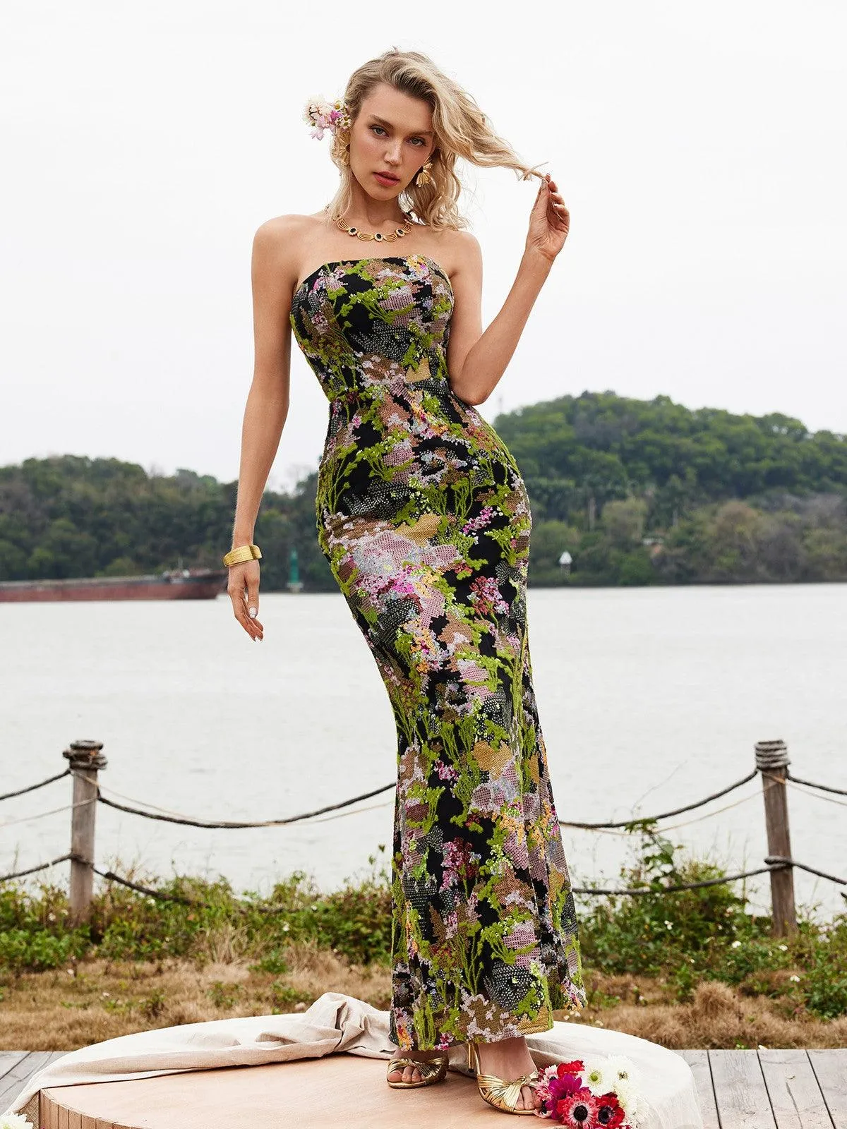 Asa Strapless Floral Sequin Maxi Dress sold by Mew Mews