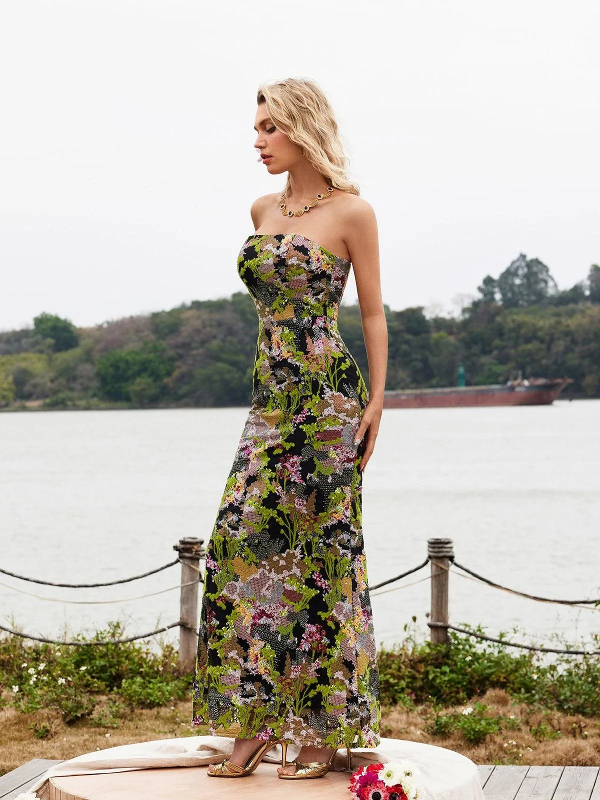 Asa Strapless Floral Sequin Maxi Dress sold by Mew Mews product image thumbnail 4
