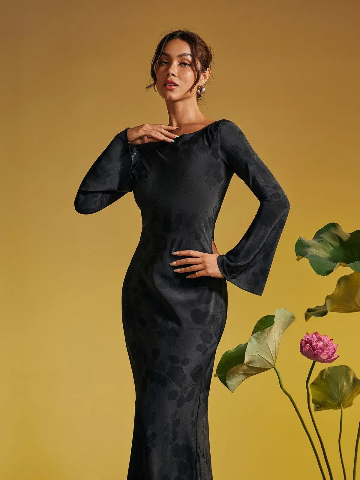 Cecily Long Sleeve Rose Printed Maxi Dress In Black sold by Mew Mews product image thumbnail 3