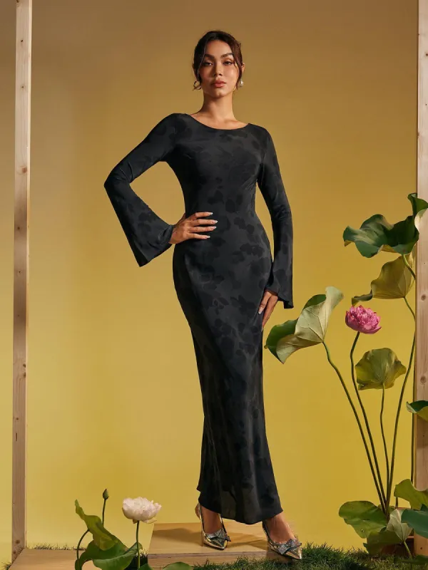 Cecily Long Sleeve Rose Printed Maxi Dress In Black sold by Mew Mews